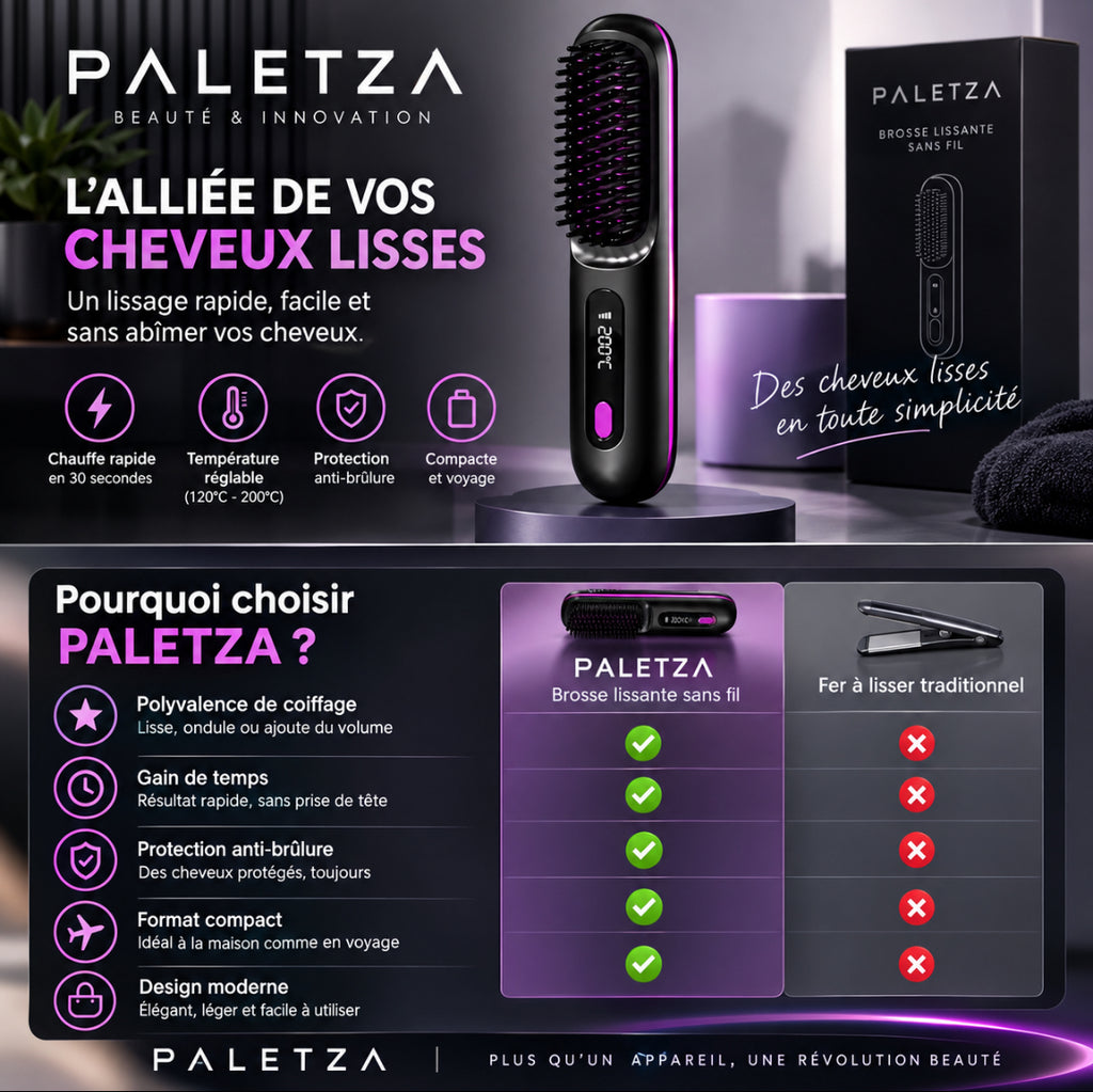 Lisseur à cheveux Paletza à chauffe rapide (20 secondes) avec écran LCD
Peigne lisseur sans fil et brosse coiffante anti-brûlure à technologie ionique négative
Outil pour cheveux bouclés