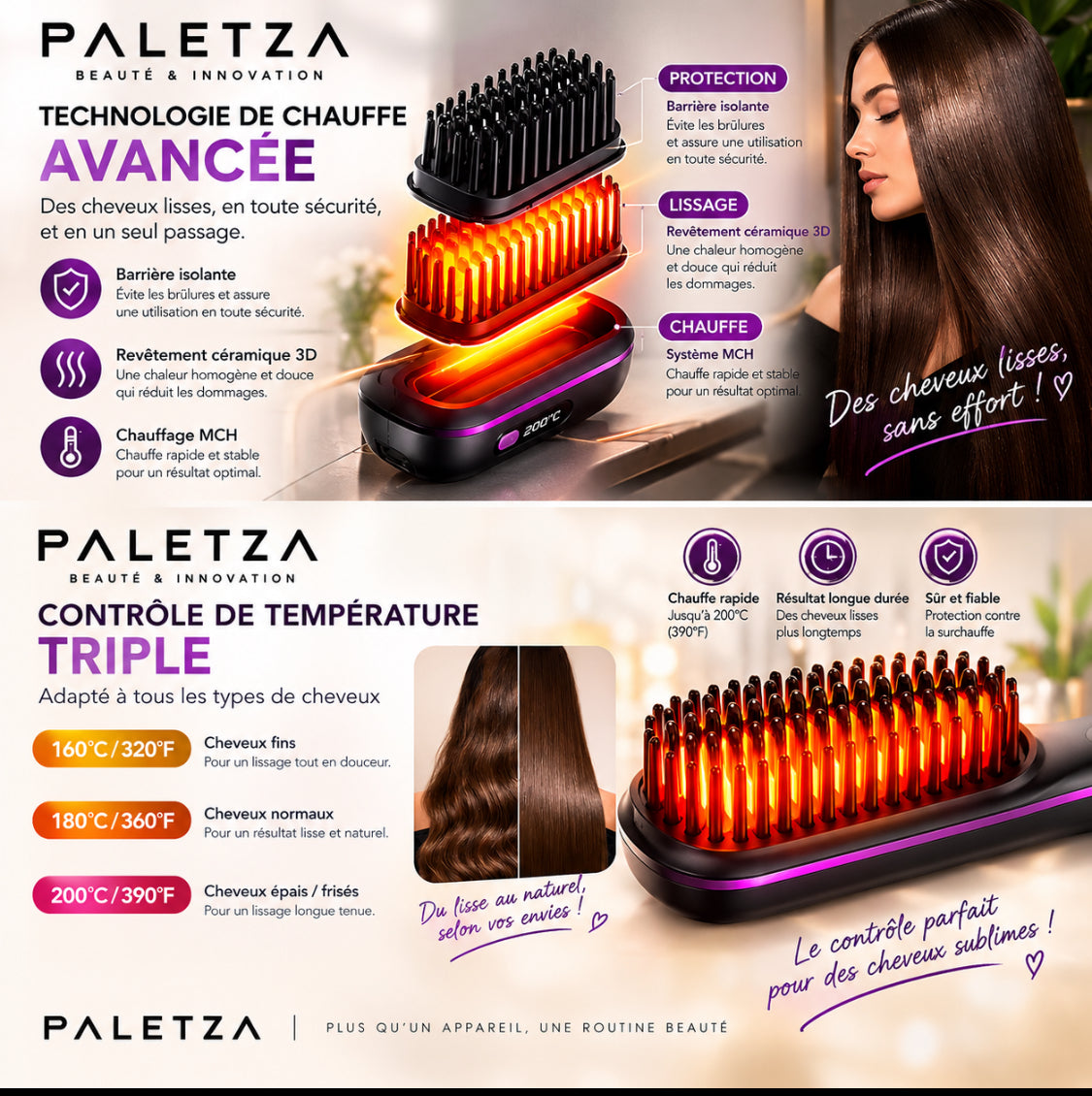Lisseur à cheveux Paletza à chauffe rapide (20 secondes) avec écran LCD
Peigne lisseur sans fil et brosse coiffante anti-brûlure à technologie ionique négative
Outil pour cheveux bouclés
