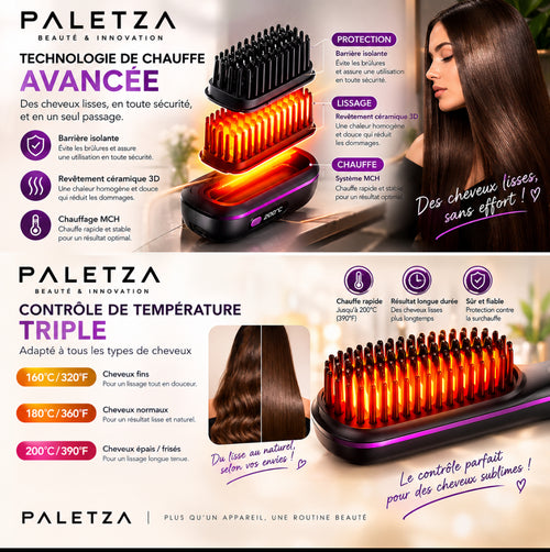Lisseur à cheveux Paletza à chauffe rapide (20 secondes) avec écran LCD
Peigne lisseur sans fil et brosse coiffante anti-brûlure à technologie ionique négative
Outil pour cheveux bouclés